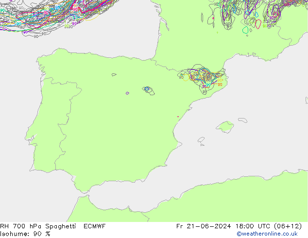 Humedad rel. 700hPa Spaghetti ECMWF vie 21.06.2024 18 UTC