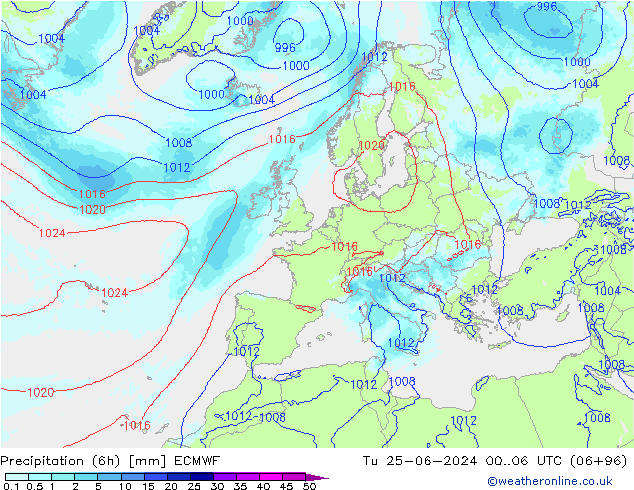 осадки (6h) ECMWF вт 25.06.2024 06 UTC