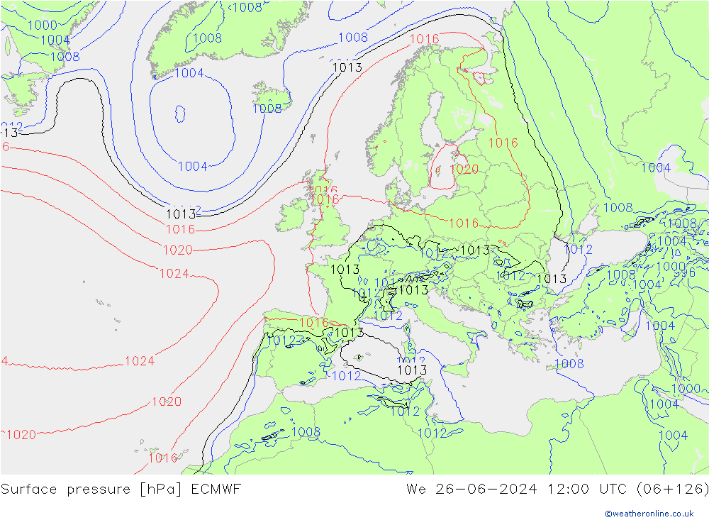 Surface pressure ECMWF We 26.06.2024 12 UTC