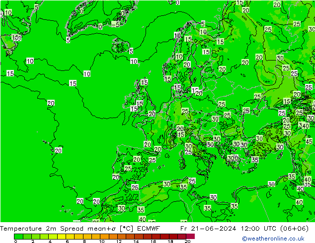 température 2m Spread ECMWF ven 21.06.2024 12 UTC