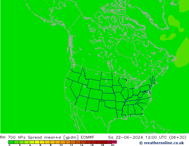 RH 700 hPa Spread ECMWF so. 22.06.2024 12 UTC