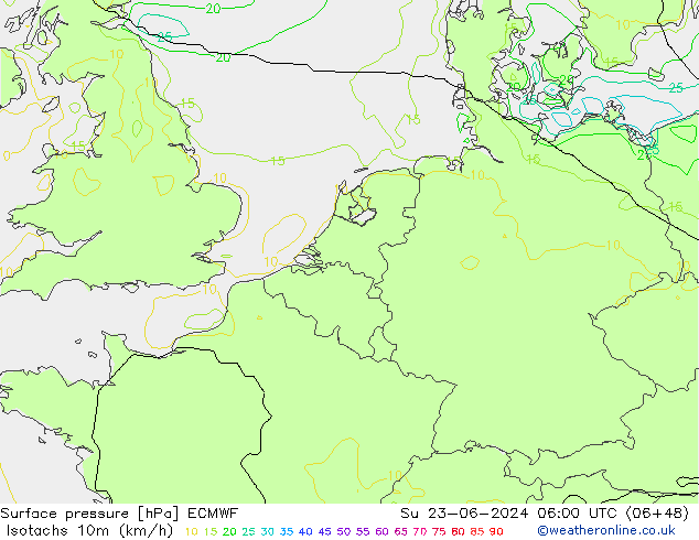 Isotachen (km/h) ECMWF zo 23.06.2024 06 UTC