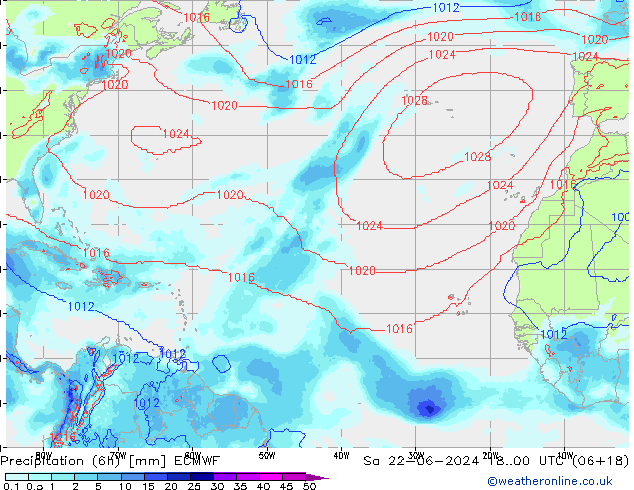 Precipitation (6h) ECMWF Sa 22.06.2024 00 UTC