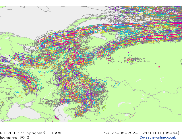 RH 700 hPa Spaghetti ECMWF nie. 23.06.2024 12 UTC