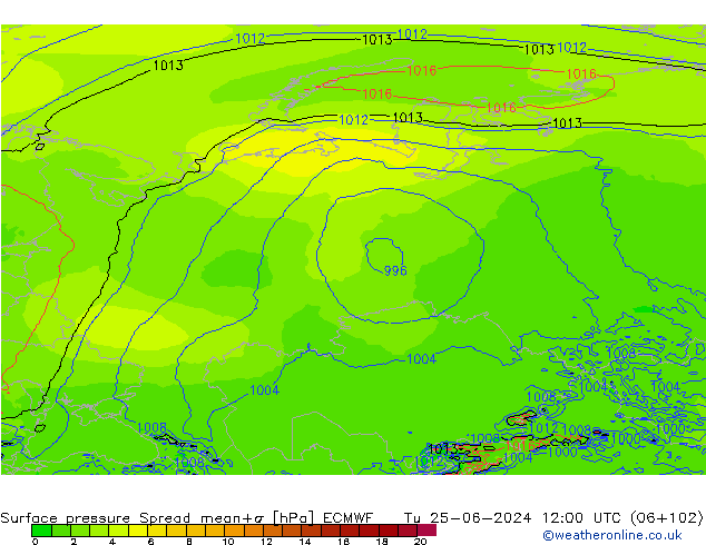 Bodendruck Spread ECMWF Di 25.06.2024 12 UTC