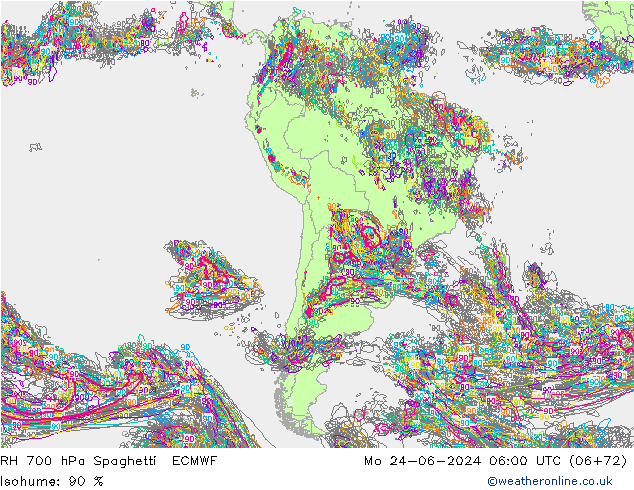 RH 700 hPa Spaghetti ECMWF  24.06.2024 06 UTC