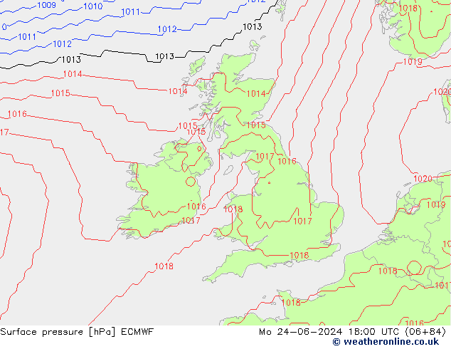 pressão do solo ECMWF Seg 24.06.2024 18 UTC