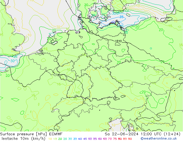 Isotachs (kph) ECMWF сб 22.06.2024 12 UTC