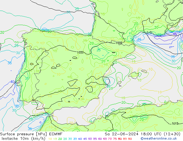 Izotacha (km/godz) ECMWF so. 22.06.2024 18 UTC