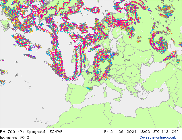 RH 700 hPa Spaghetti ECMWF ven 21.06.2024 18 UTC