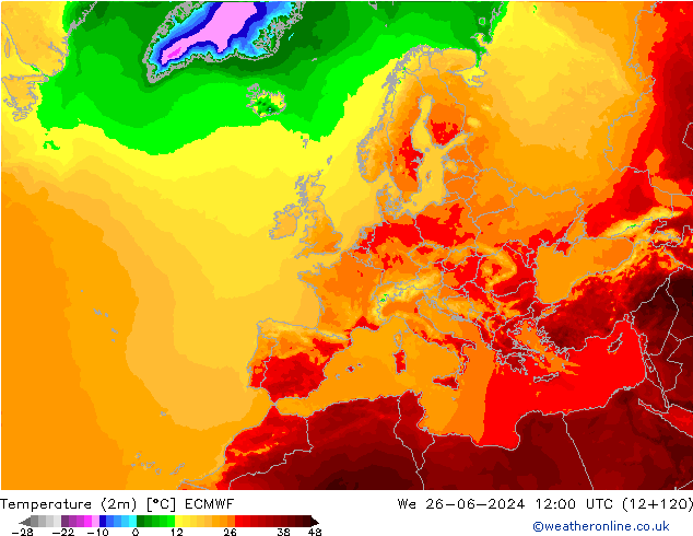 Temperature (2m) ECMWF We 26.06.2024 12 UTC