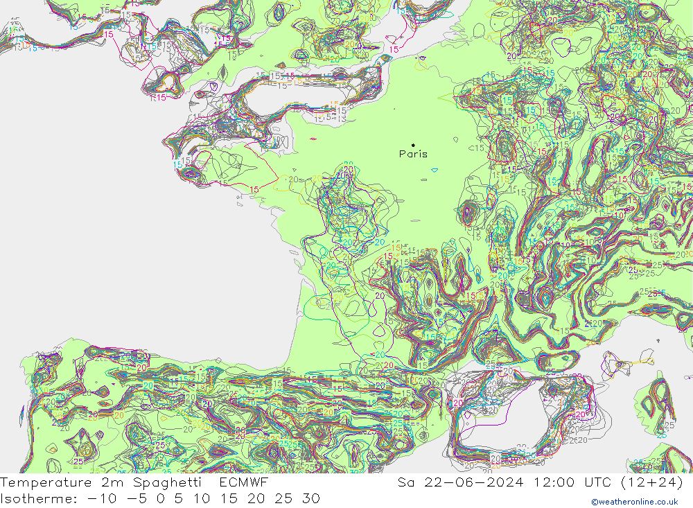 Temperatura 2m Spaghetti ECMWF Sáb 22.06.2024 12 UTC