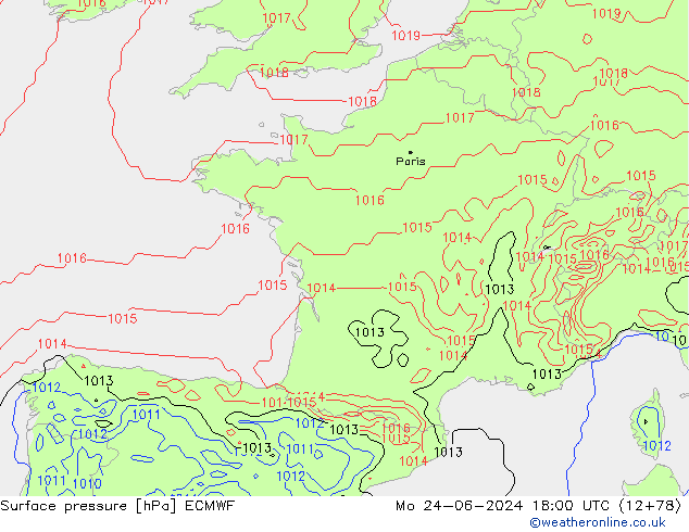 pressão do solo ECMWF Seg 24.06.2024 18 UTC