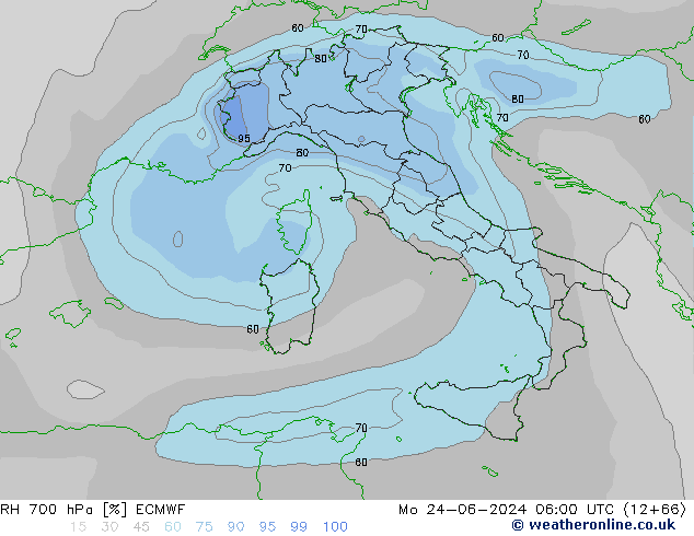 RH 700 hPa ECMWF pon. 24.06.2024 06 UTC