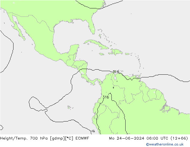 Height/Temp. 700 hPa ECMWF Po 24.06.2024 06 UTC