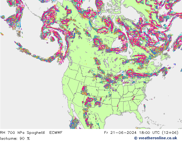 RH 700 hPa Spaghetti ECMWF Fr 21.06.2024 18 UTC