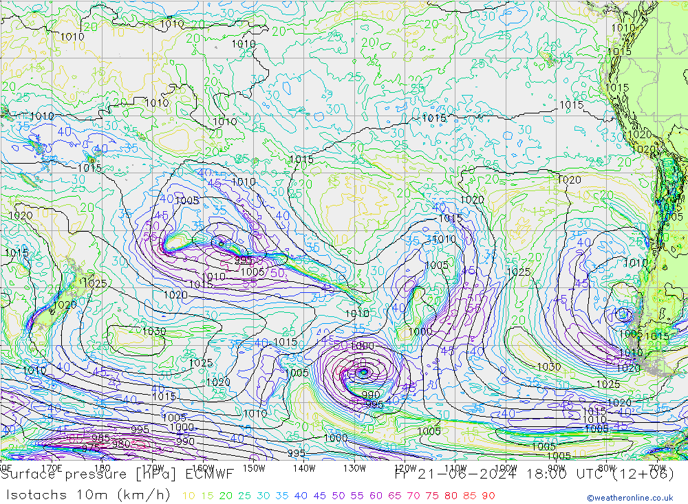 Isotaca (kph) ECMWF vie 21.06.2024 18 UTC