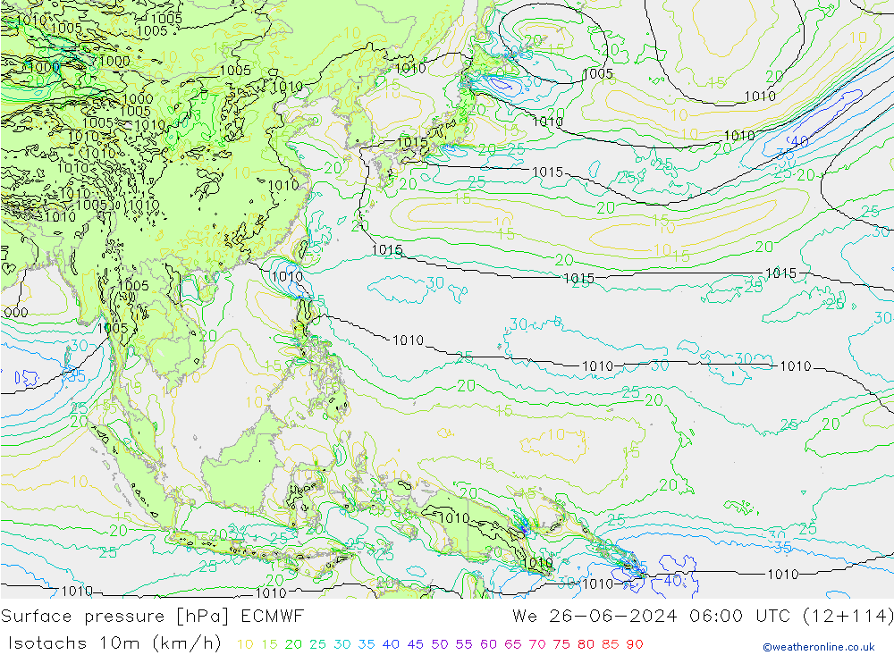 Izotacha (km/godz) ECMWF śro. 26.06.2024 06 UTC