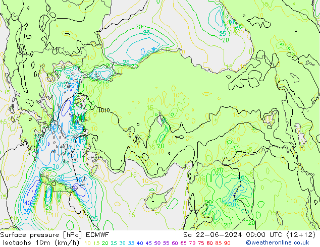 Isotachs (kph) ECMWF Sáb 22.06.2024 00 UTC