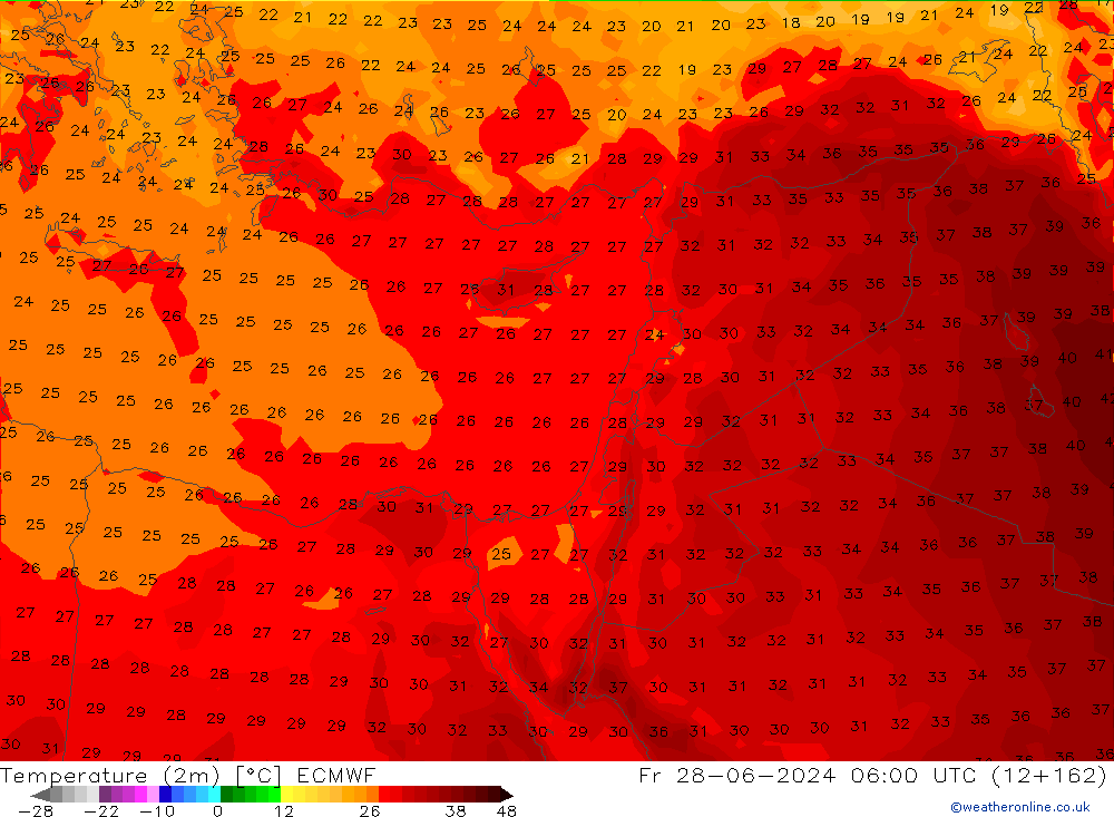 Temperature (2m) ECMWF Fr 28.06.2024 06 UTC