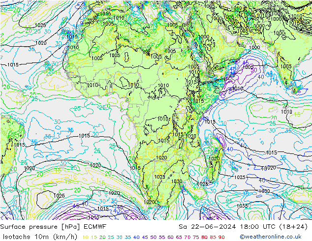 Izotacha (km/godz) ECMWF so. 22.06.2024 18 UTC