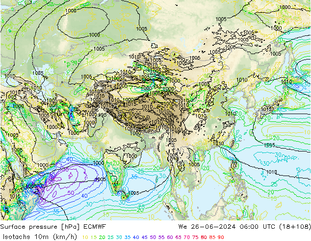 Isotaca (kph) ECMWF mié 26.06.2024 06 UTC