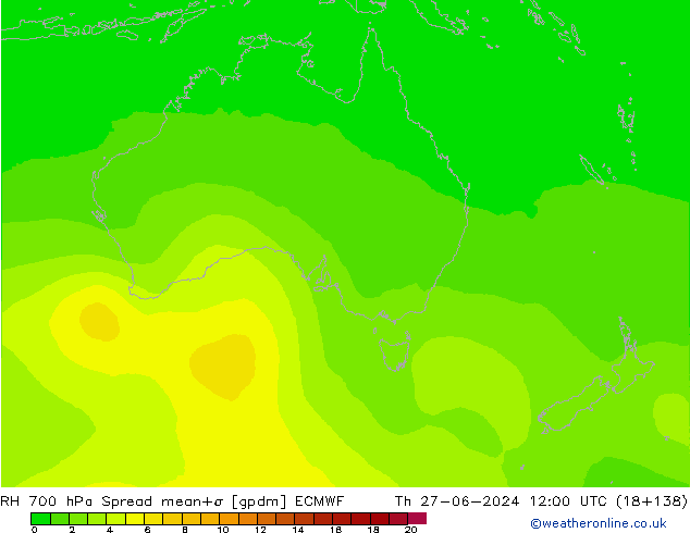 RH 700 hPa Spread ECMWF Čt 27.06.2024 12 UTC