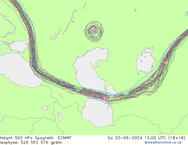 Height 500 hPa Spaghetti ECMWF Sa 22.06.2024 12 UTC