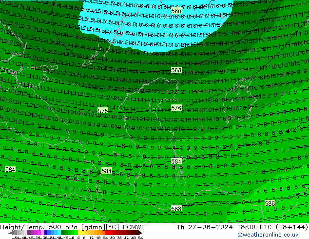 Height/Temp. 500 гПа ECMWF чт 27.06.2024 18 UTC