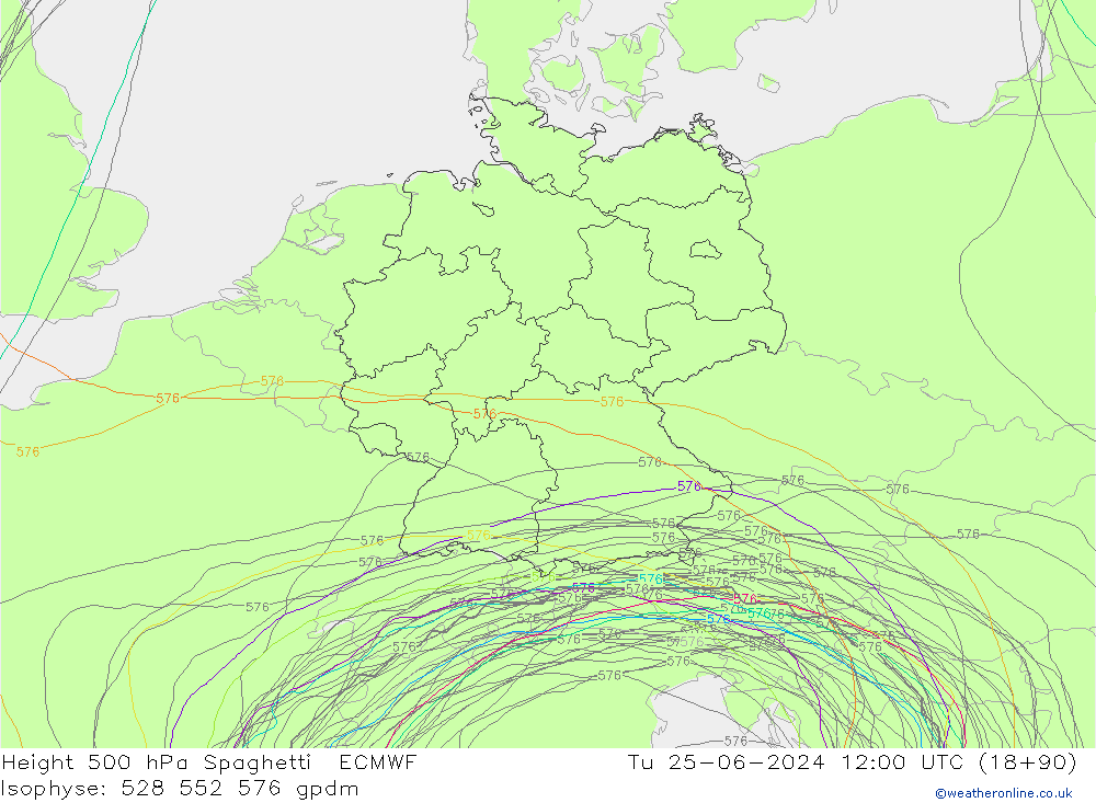 Height 500 hPa Spaghetti ECMWF mar 25.06.2024 12 UTC