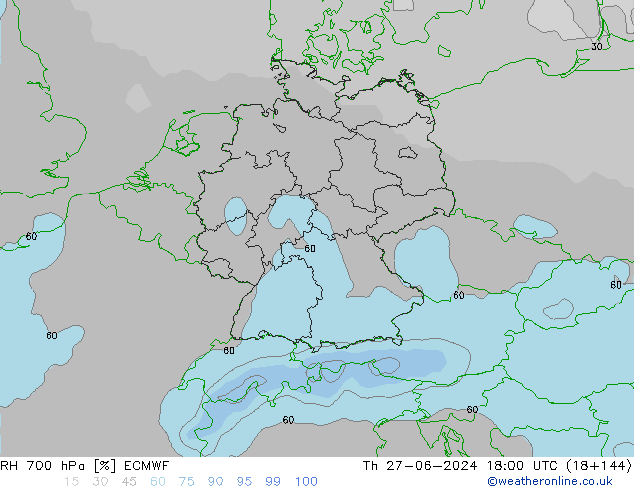 RH 700 hPa ECMWF Qui 27.06.2024 18 UTC