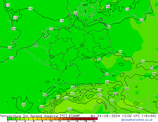 Temperatura 2m Spread ECMWF Seg 24.06.2024 12 UTC