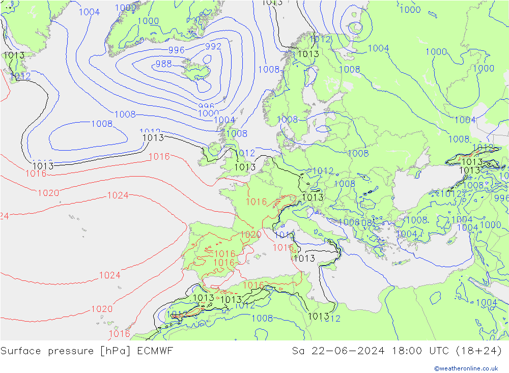 地面气压 ECMWF 星期六 22.06.2024 18 UTC