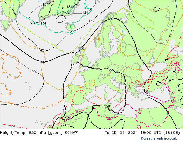 Height/Temp. 850 hPa ECMWF  25.06.2024 18 UTC