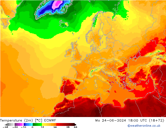 Temperature (2m) ECMWF Mo 24.06.2024 18 UTC