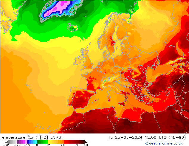 Temperature (2m) ECMWF Út 25.06.2024 12 UTC