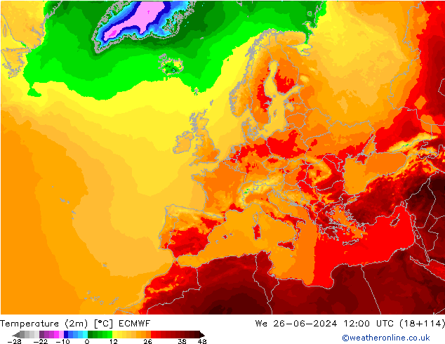 Temperaturkarte (2m) ECMWF Mi 26.06.2024 12 UTC