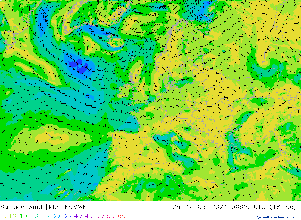 风 10 米 ECMWF 星期六 22.06.2024 00 UTC