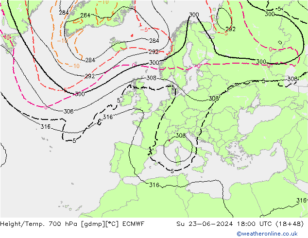 Height/Temp. 700 hPa ECMWF Su 23.06.2024 18 UTC