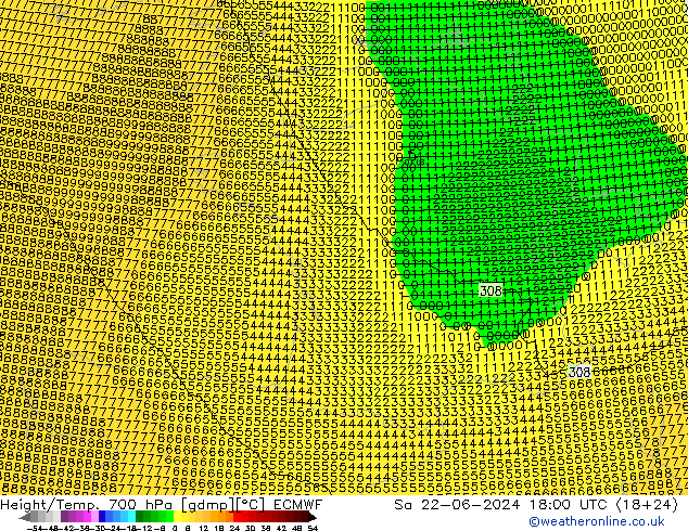 Height/Temp. 700 hPa ECMWF so. 22.06.2024 18 UTC