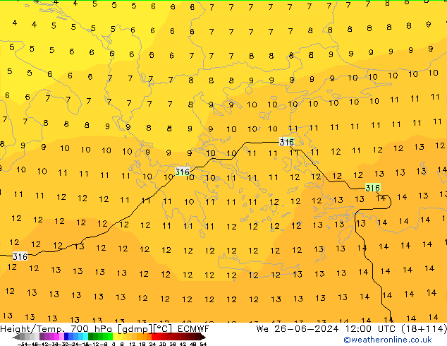 Height/Temp. 700 hPa ECMWF We 26.06.2024 12 UTC