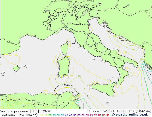 Isotachs (kph) ECMWF чт 27.06.2024 18 UTC