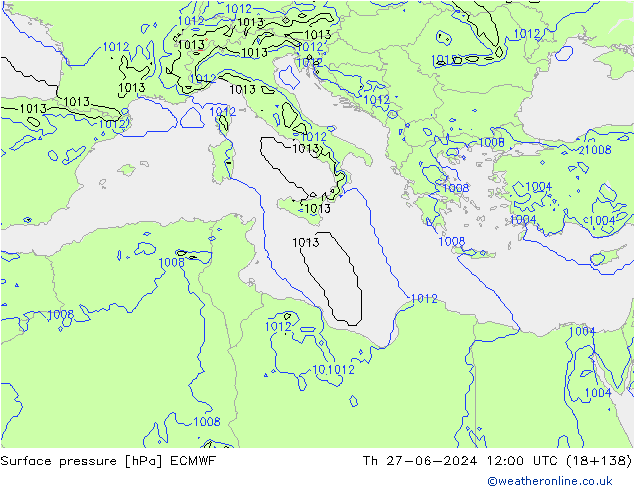 Pressione al suolo ECMWF gio 27.06.2024 12 UTC