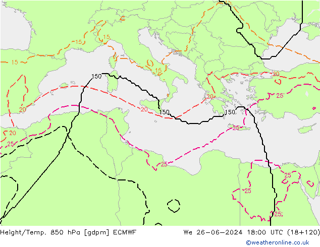 Géop./Temp. 850 hPa ECMWF mer 26.06.2024 18 UTC