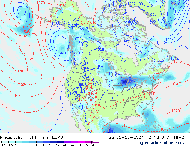 Precipitation (6h) ECMWF Sa 22.06.2024 18 UTC