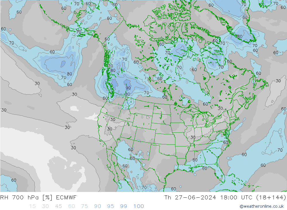 RH 700 hPa ECMWF 星期四 27.06.2024 18 UTC