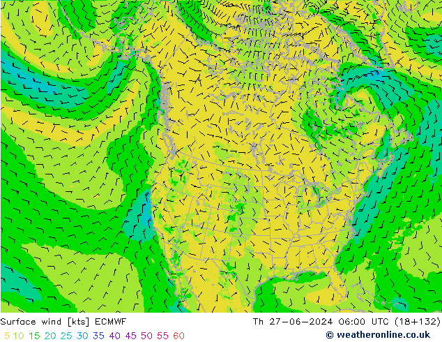 wiatr 10 m ECMWF czw. 27.06.2024 06 UTC