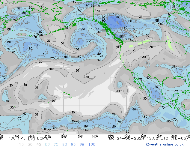 Humedad rel. 700hPa ECMWF lun 24.06.2024 12 UTC