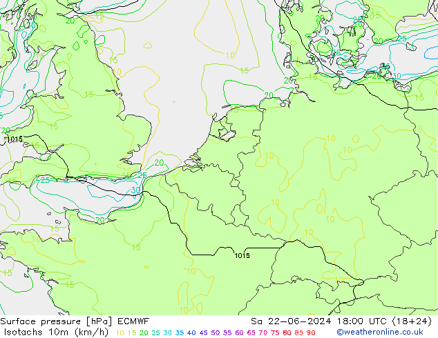 Izotacha (km/godz) ECMWF so. 22.06.2024 18 UTC
