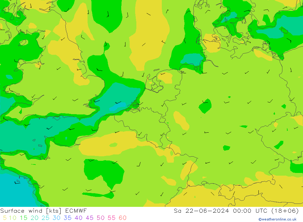 Surface wind ECMWF Sa 22.06.2024 00 UTC